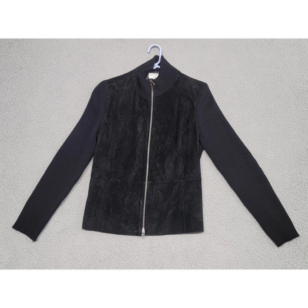 Covington Jacket Womens Medium Black Suede‎ Leather Knit Full Zip Wool Blend